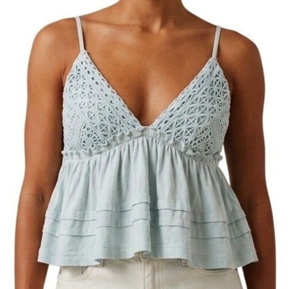 BDG Urban Outfitters M Cotton Boho Crochet Lace Babydoll Camisole Top Light Blue